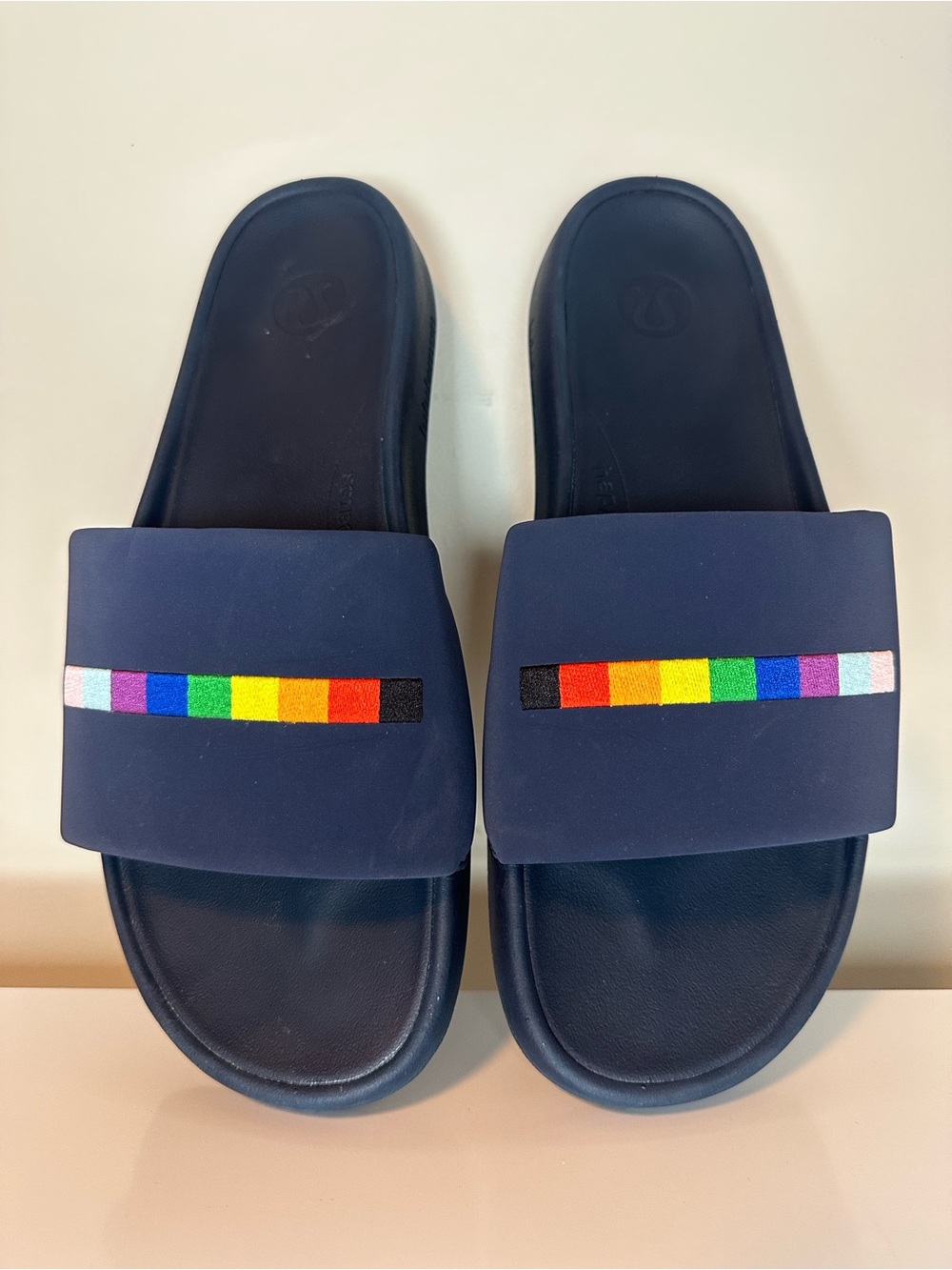lululemon athletica Navy Slide Sandals with Rainbow Stripe Accent